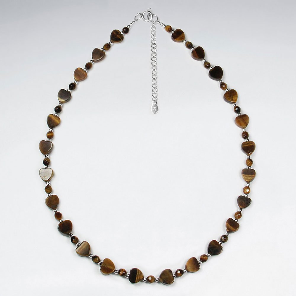 16.5" Adjustable Full Tiger Eye Bead Necklace in Sterling Silver