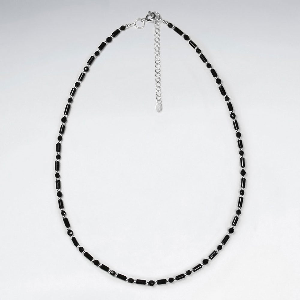 16.5" Adjustable Black Stone Tube and Bead Necklace in Sterling Silver