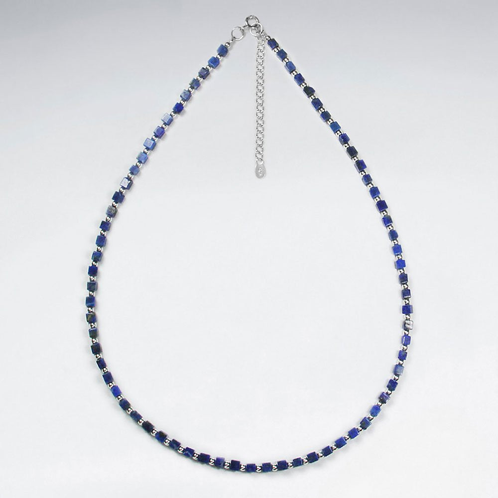 16.5" Adjustable Full Lapis Lazuli Beaded Clasp necklace in Sterling Silver