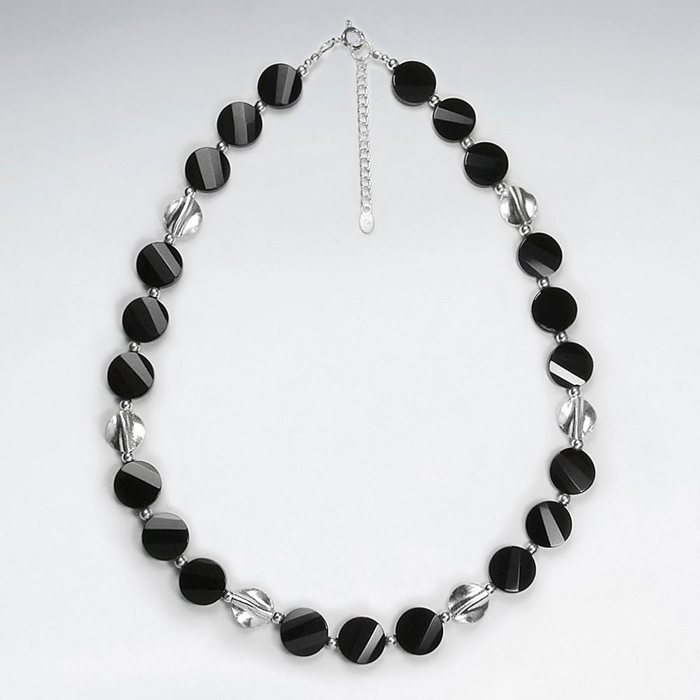 16.5" Adjustable Bold Chunky Black Stone Rounded Bead Necklace in Sterling Silver