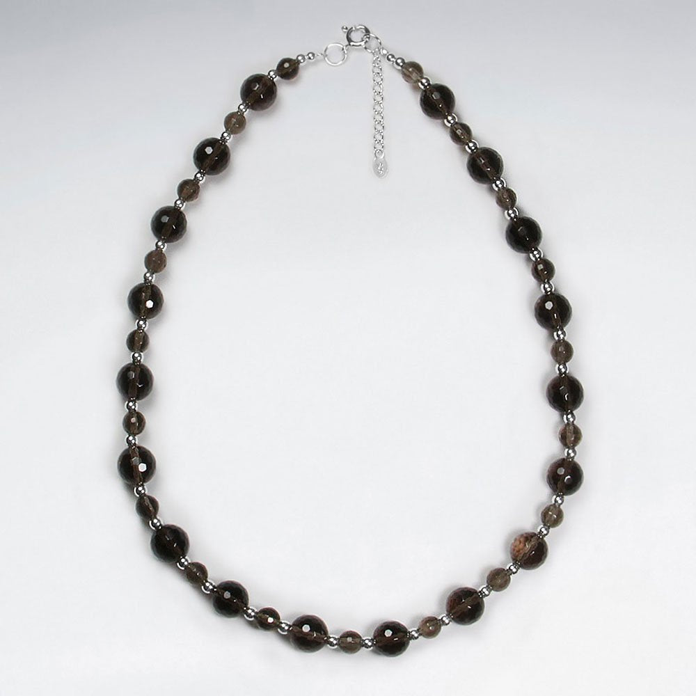 16.5" Adjustable Chunky Smoky Quartz Beaded Sterling Silver Necklace