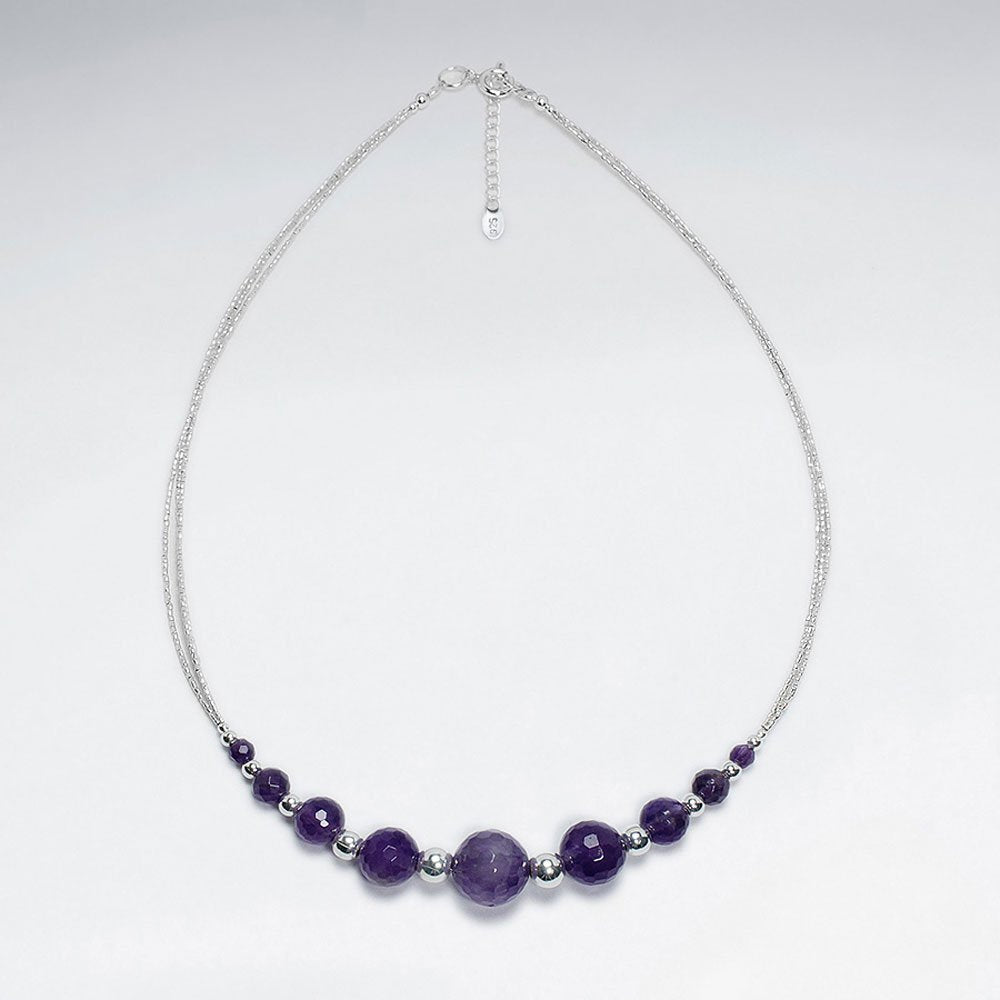 16.5" Adjustable Sterling Silver Amethyst Stone Beaded Chain Necklace