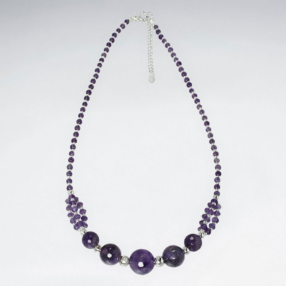 16.5" Adjustable Intricate Sterling Silver Amethyst Beaded Charm Necklace