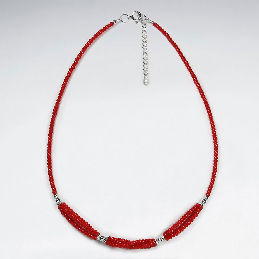 16.5" Adjustable Sterling Silver and Red Glass Beaded Twisted Accent Strand Necklace