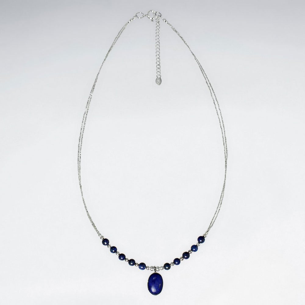 16.5" Adjustable Lapis Lazuli Beaded Drop Charm Necklace in Sterling Silver