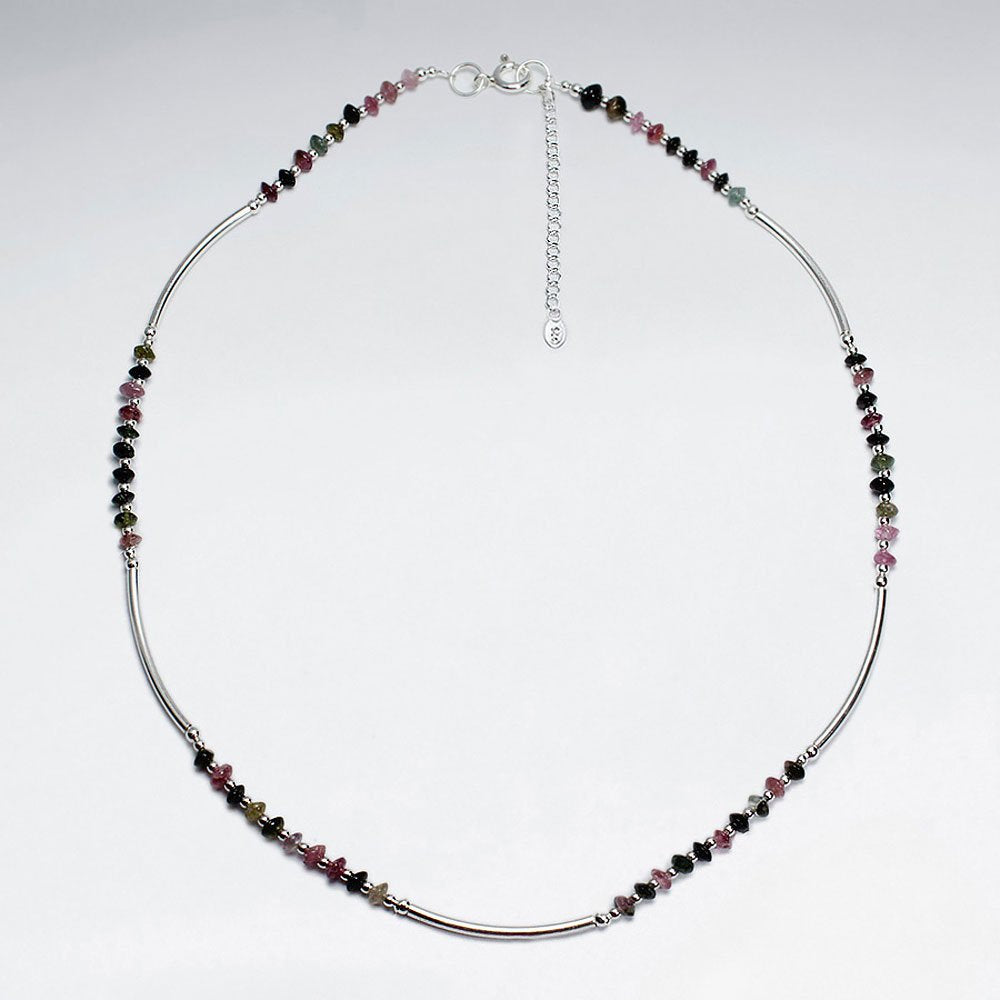 16.5" Adjustable Tourmaline Beaded Pattern Sterling Silver Necklace