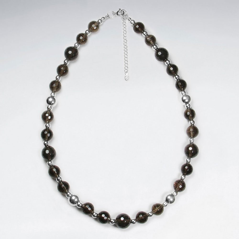 16.5" Adjustable Bold Smoky Quartz Ball Bead Necklace in Sterling Silver