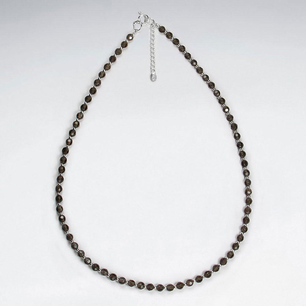 16.5" Adjustable Dainty Smoky Quartz Bead Necklace in Sterling Silver