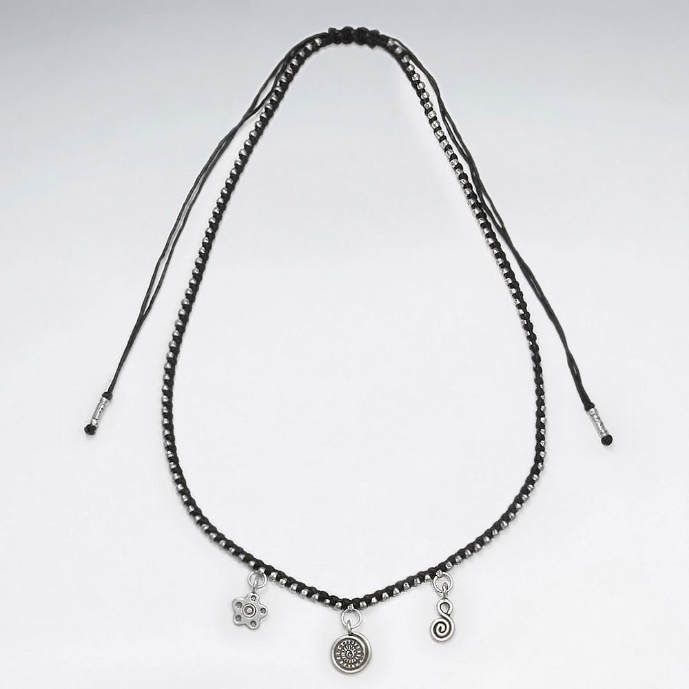 16.5" Adjustable Contemporary Black Waxed Cotton Silver Three Charm Flower and Swirls Necklace