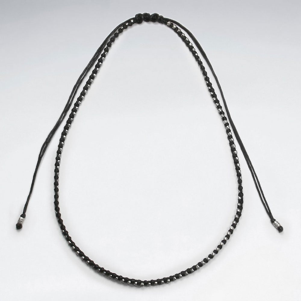 16.5" Adjustable Plain Black Waxed Cotton Silver Weave Necklace