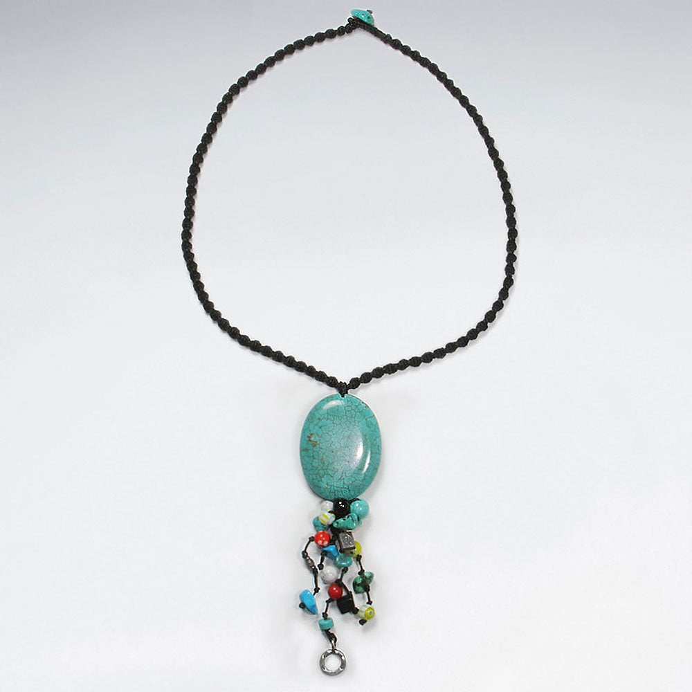Stunning Waxed Cotton Necklace With Turquoise Drop Cascade Charms