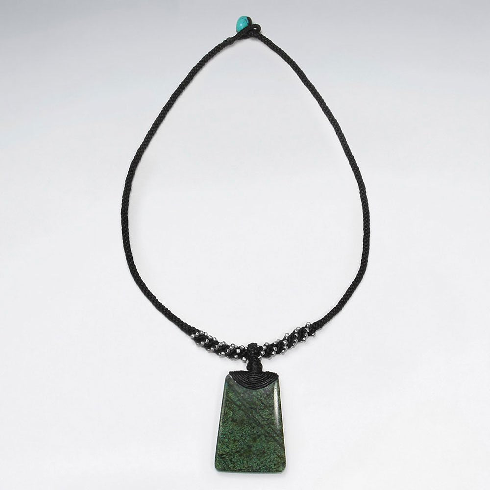 16.5" Modern Black Waxed Cotton Necklace With Turquoise Rectangle Charm