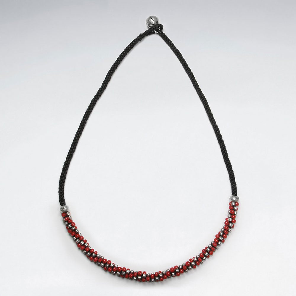 16.5" Black Waxed Cotton Macrame Silver and Red Glass Bead Accent Necklace