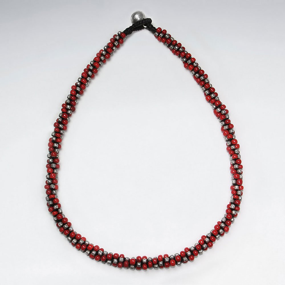 16.5" Festive Thick Waxed Cotton Macrame Silver and Glass Red Bead Wrap Necklace