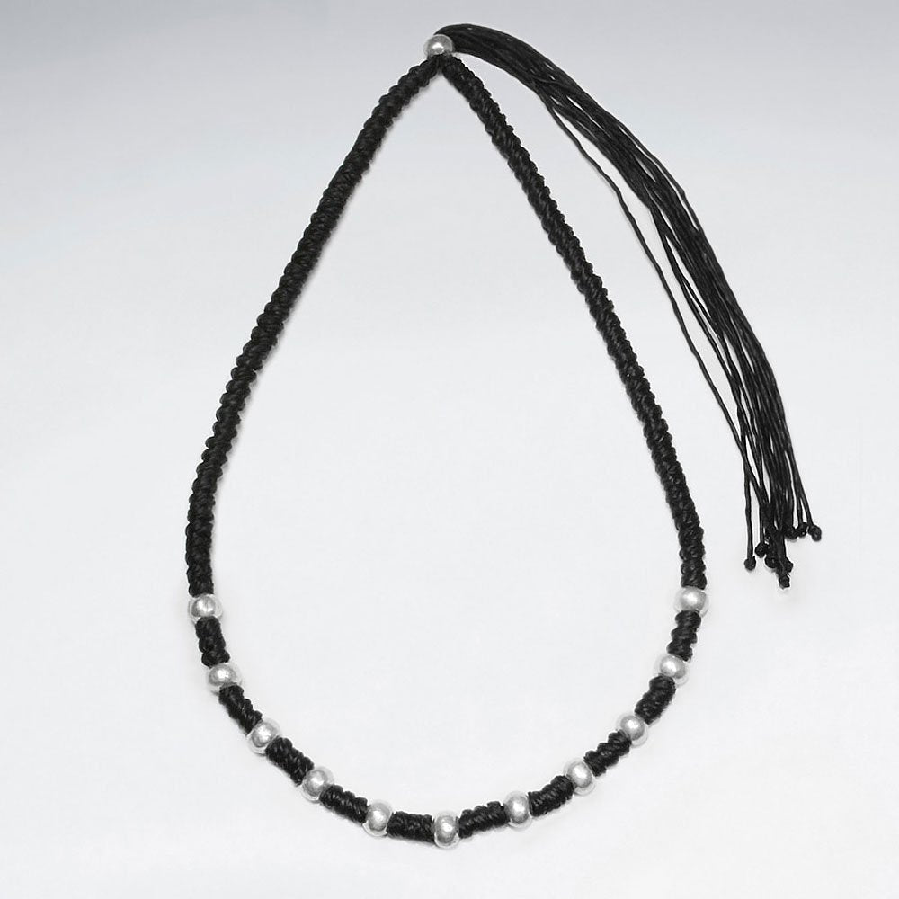 16.5" Adjustable Stylish Thick Wrap Waxed Cotton Twist Macrame Necklace With Staggered Silver Bead Charms