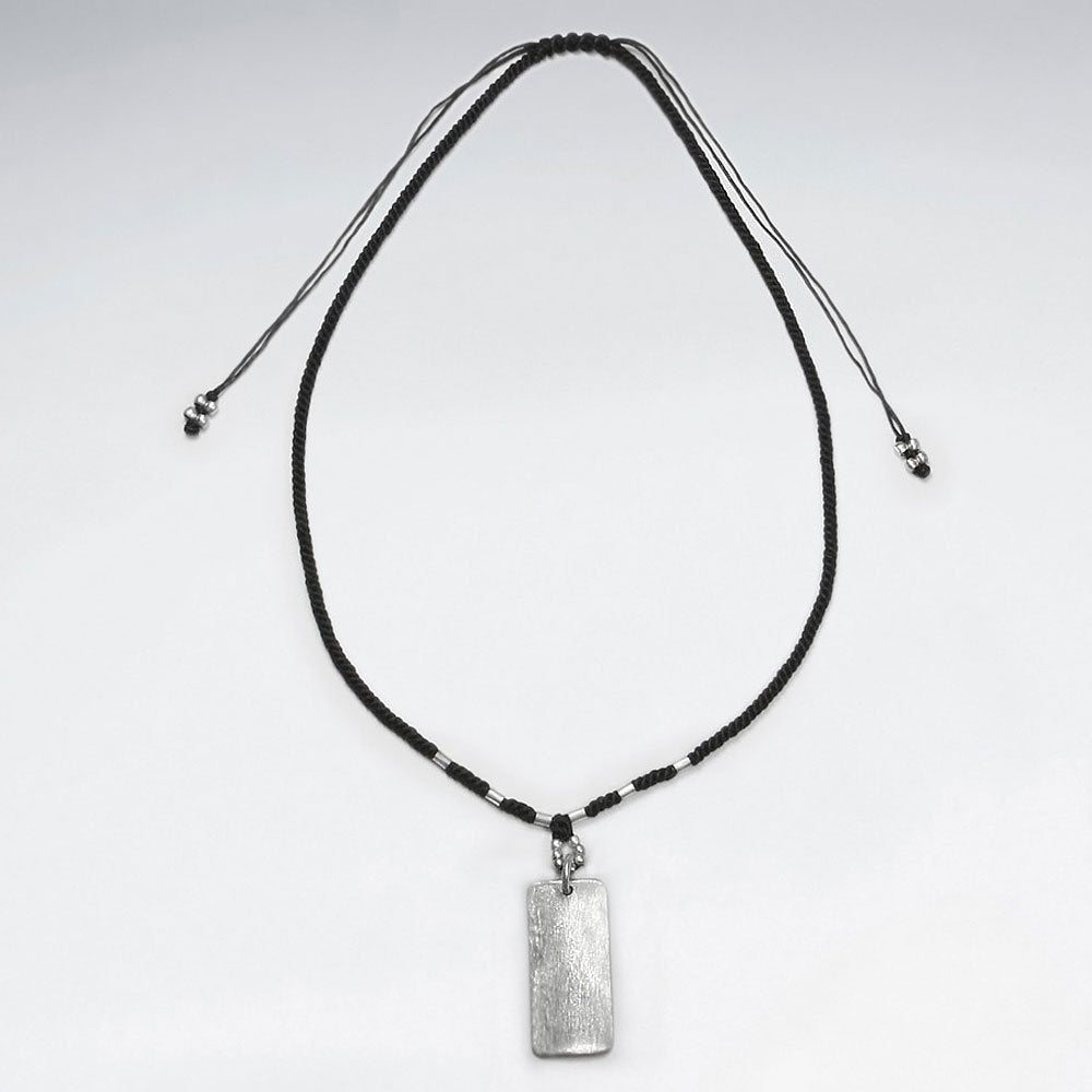 16.5" Adjustable Modern Waxed Cotton Macrame Necklace With Rectangle Charm and Silver Beads