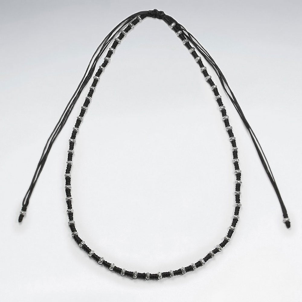 16.5" Adjustable Waxed Cotton Macrame Necklace Studded With Silver Beads