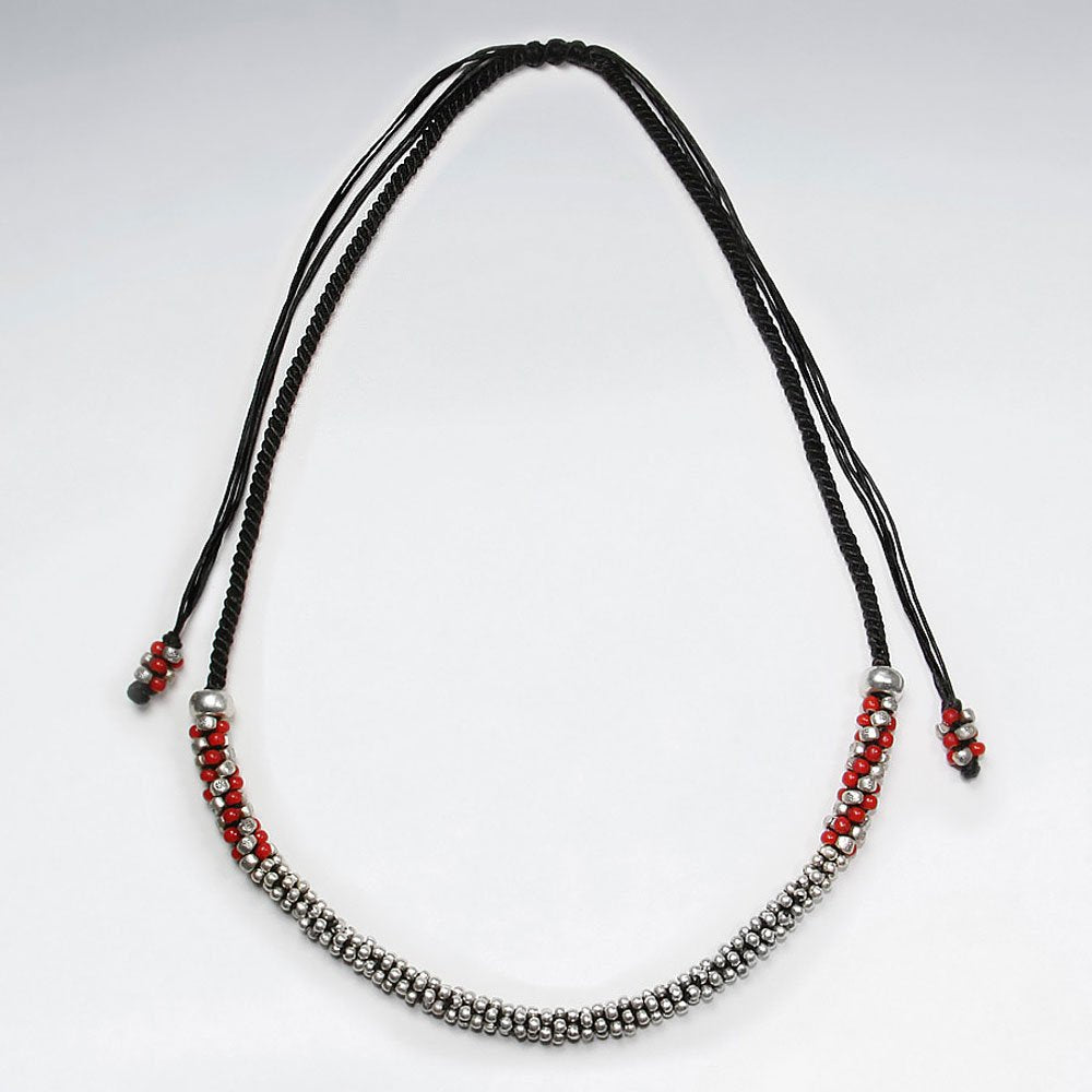 16.5" Adjustable Black Waxed Cotton Macrame Necklace With Silver and Red Pattern Beads