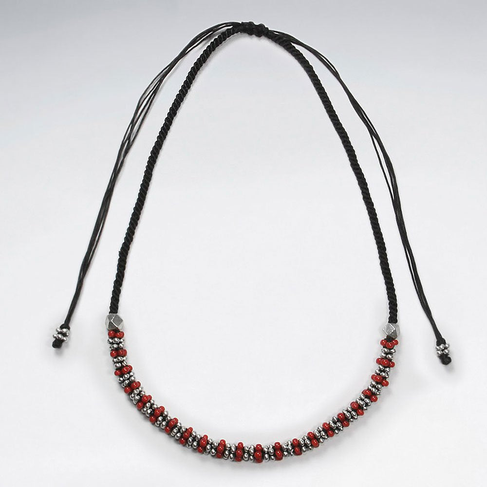 16.5" Adjustable Black Waxed Cotton Macrame Necklace With Half Silver and Red Accent Beads