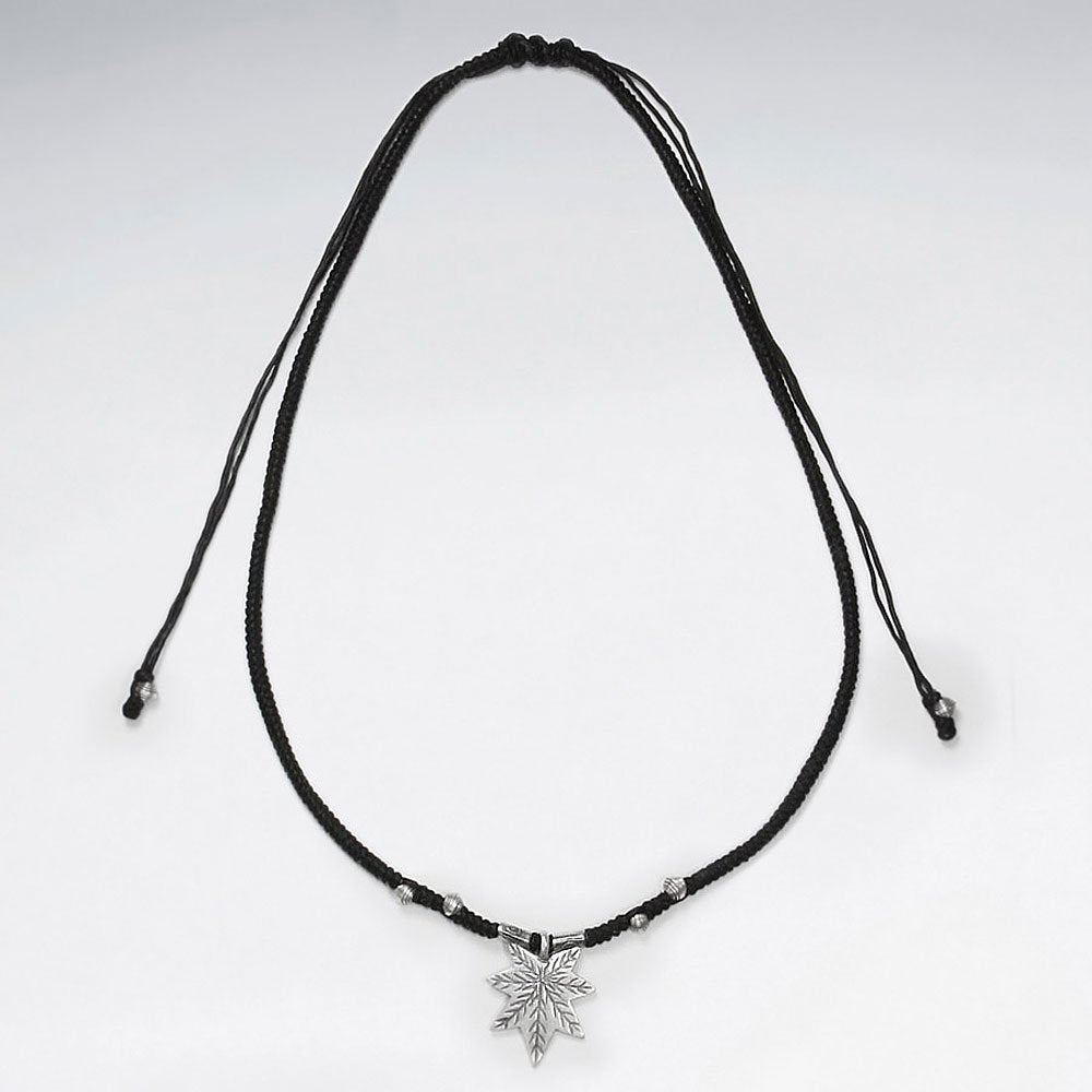 16.5" Adjustable Black Macrame Waxed Cotton Necklace With Silver Beads and Leaf Inspired Textured Charm