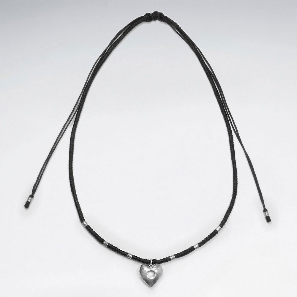 16.5" Adjustable Charming Black Macrame Waxed Cotton Necklace With Silver Beads and Sweet Heart Charm
