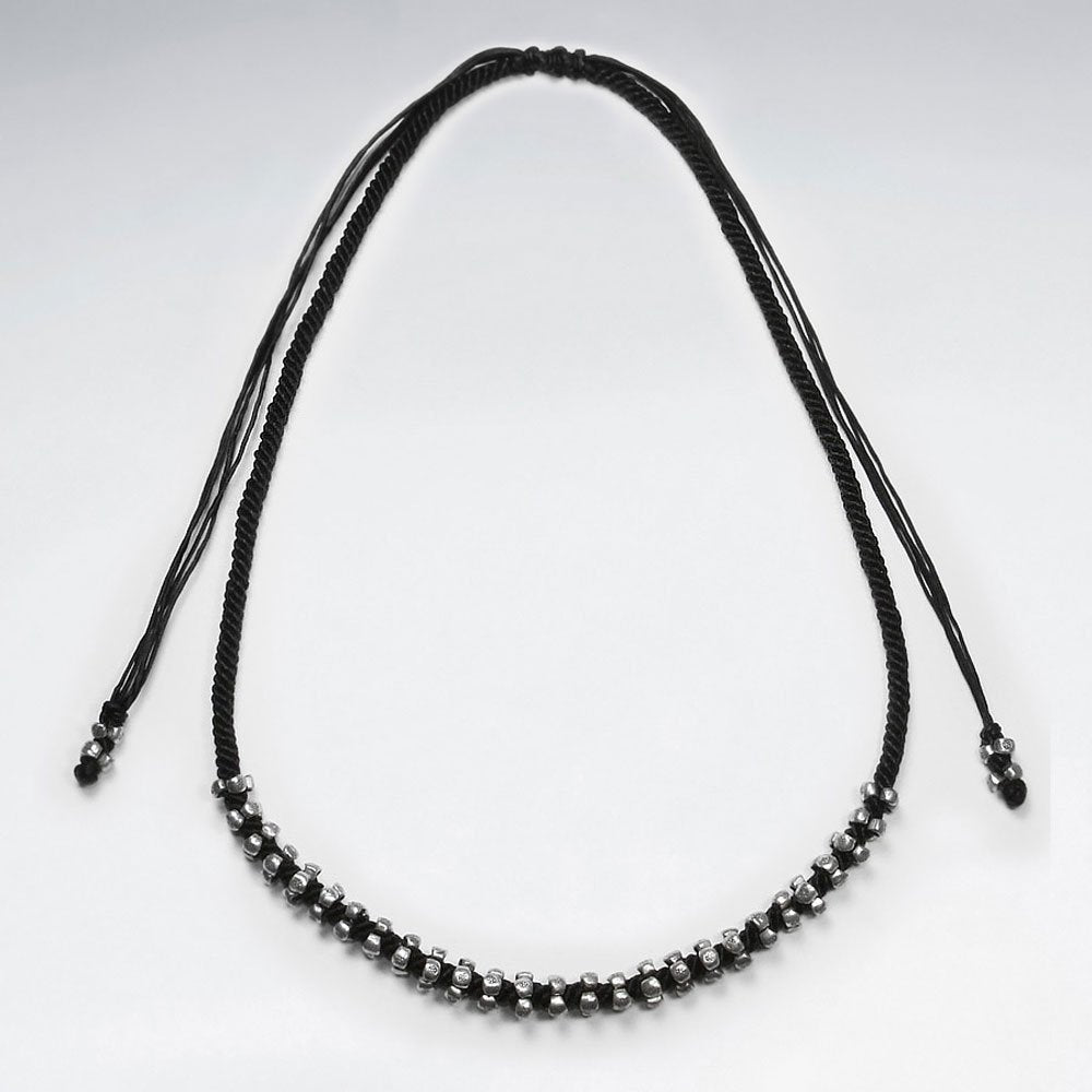 16.5" Adjustable Bold Black Macrame Waxed Cotton Necklace With Sterling Silver Pattern Accent Charms