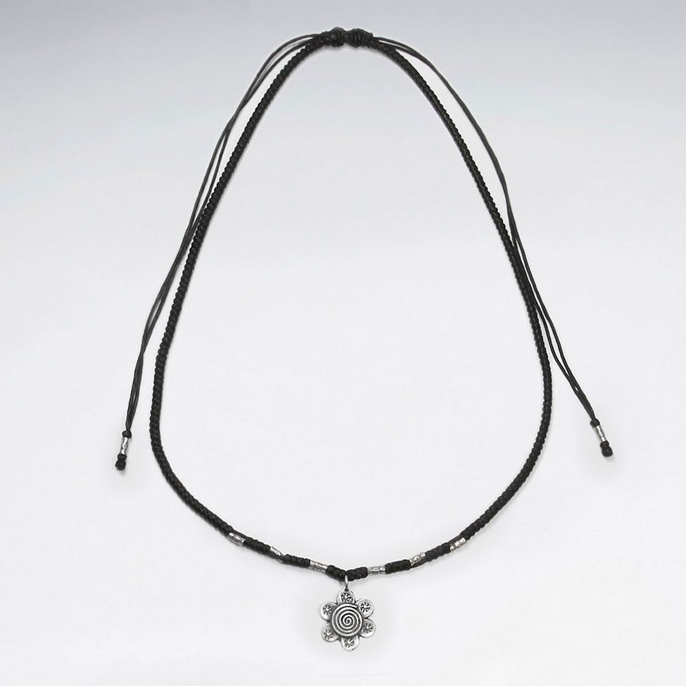 16.5" Adjustable Black Macrame Waxed Cotton Necklace With Silver Tube Beads and Sun Charm