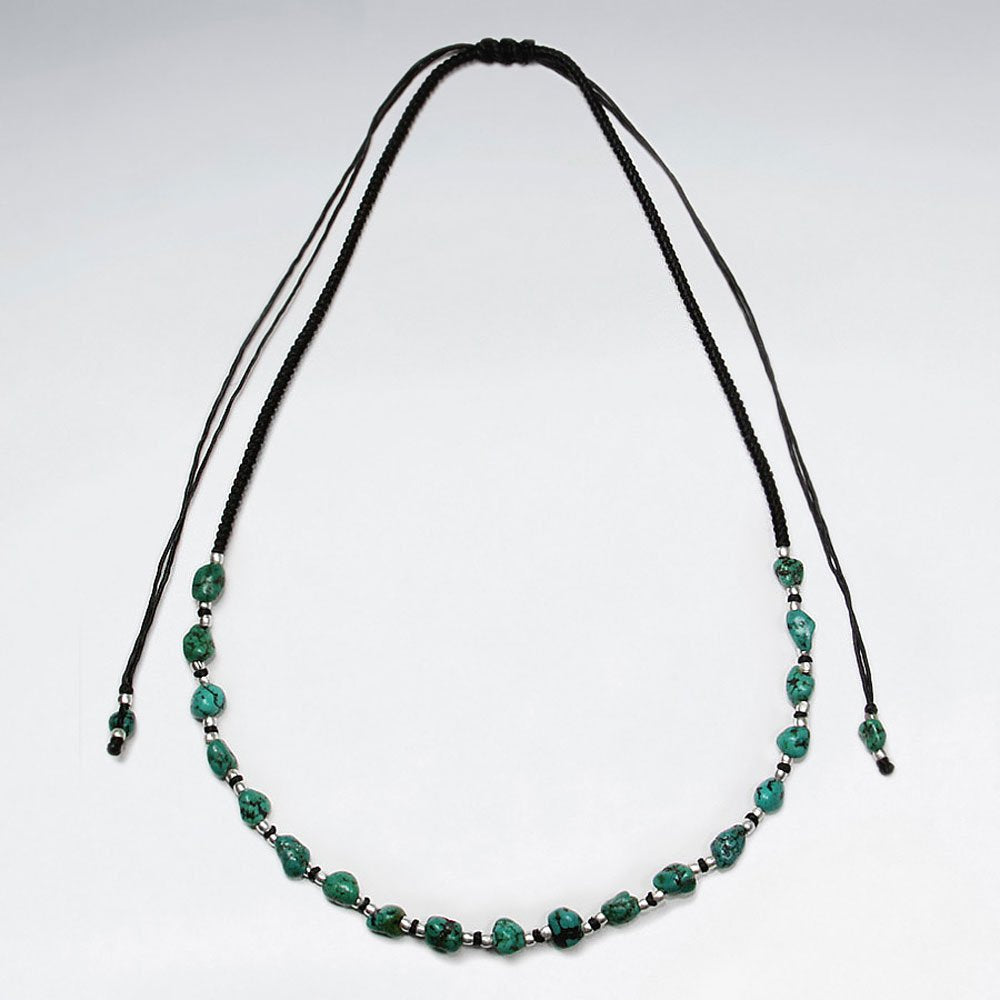 16.5" Adjustable Lovely Black Macrame Waxed Cotton Necklace With Turquoise and Silver Charms