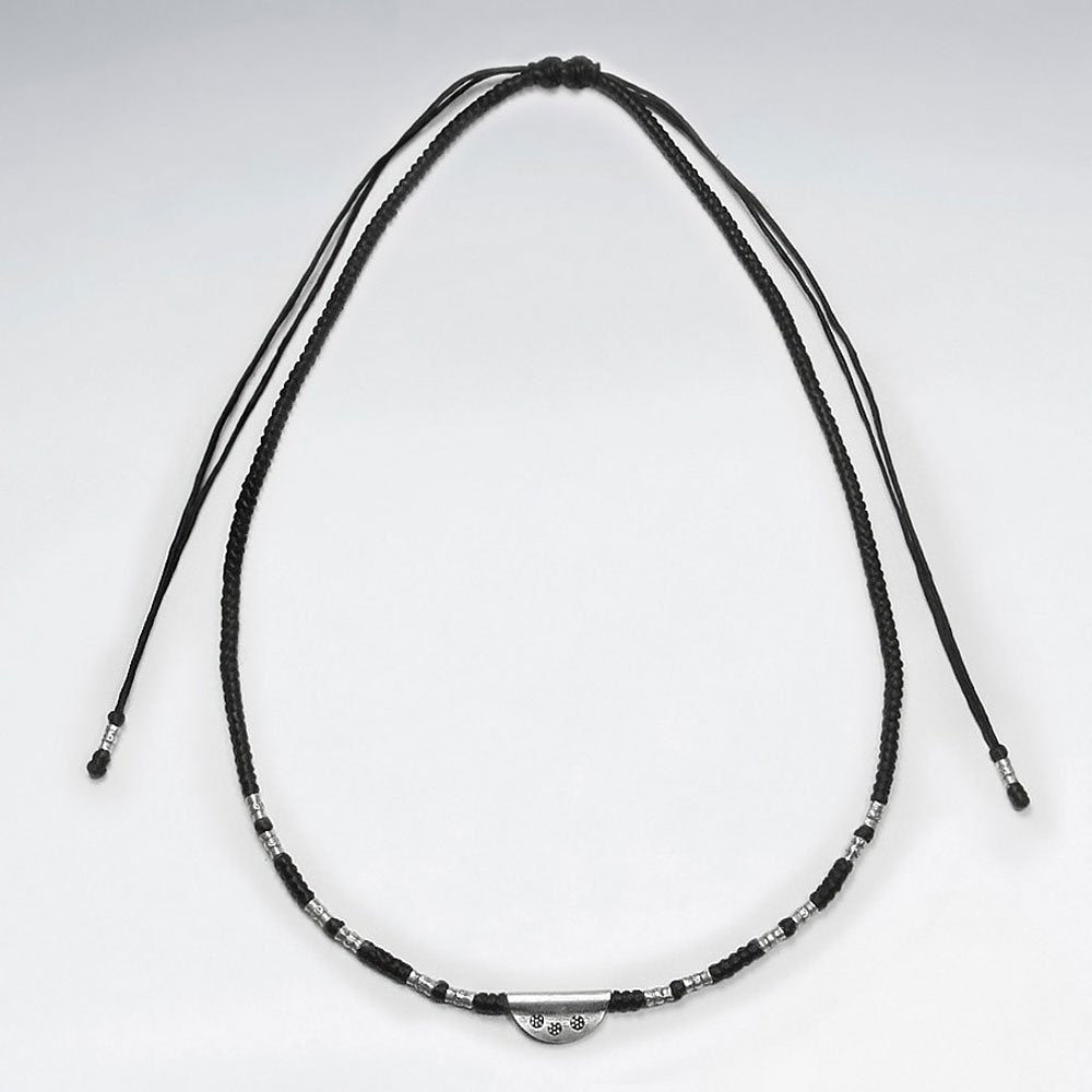 16.5" Adjustable Basic Black Macrame Waxed Cotton Necklace With Silver Tube Beads and Half Circle Charm