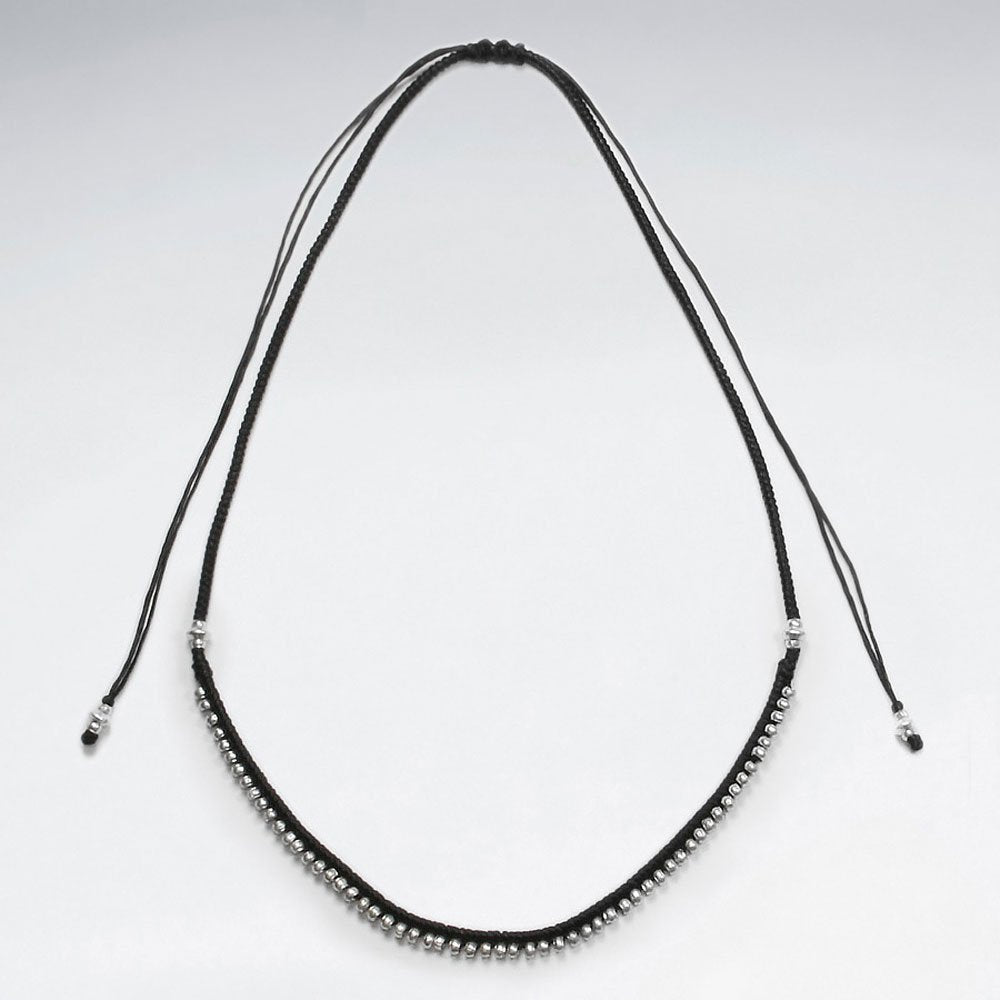16.5" Adjustable Black Macrame Waxed Cotton Necklace With Sterling Silver Lined Charm Beads