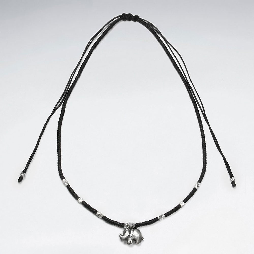 16.5" Adjustable Black Macrame Waxed Cotton Necklace With Antique Elephant Silver Charm