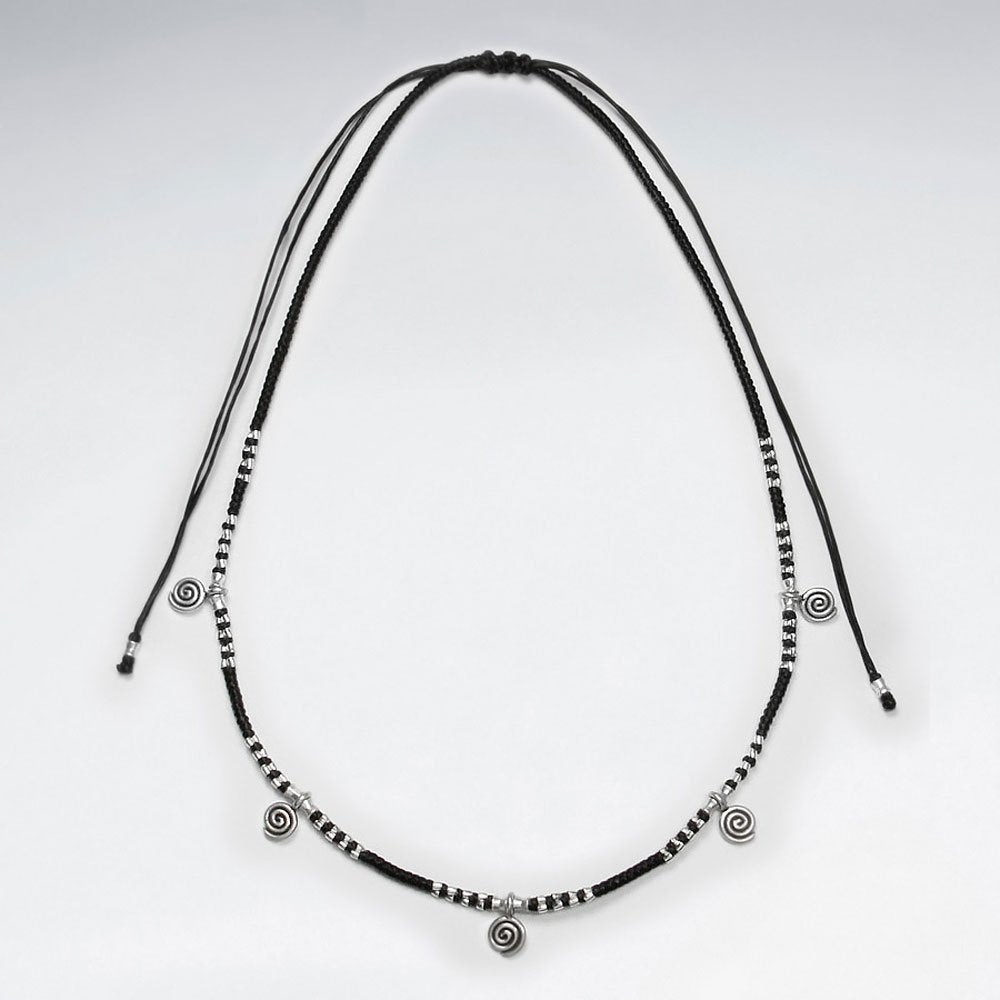 16.5" Adjustable Black Macrame Waxed Cotton Necklace With Multi Silver Swirl Pendant Charms and Beads