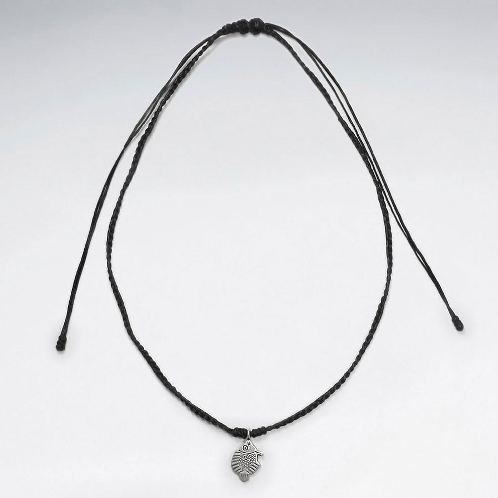 16.5" Adjustable Simple Beauty Black Macrame Waxed Cotton Necklace With Silver Organic Charm