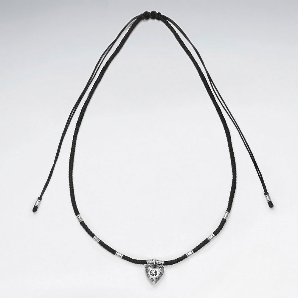 16.5" Adjustable Black Macrame Waxed Cotton Necklace With Silver Heart Pendant and Tube Charms