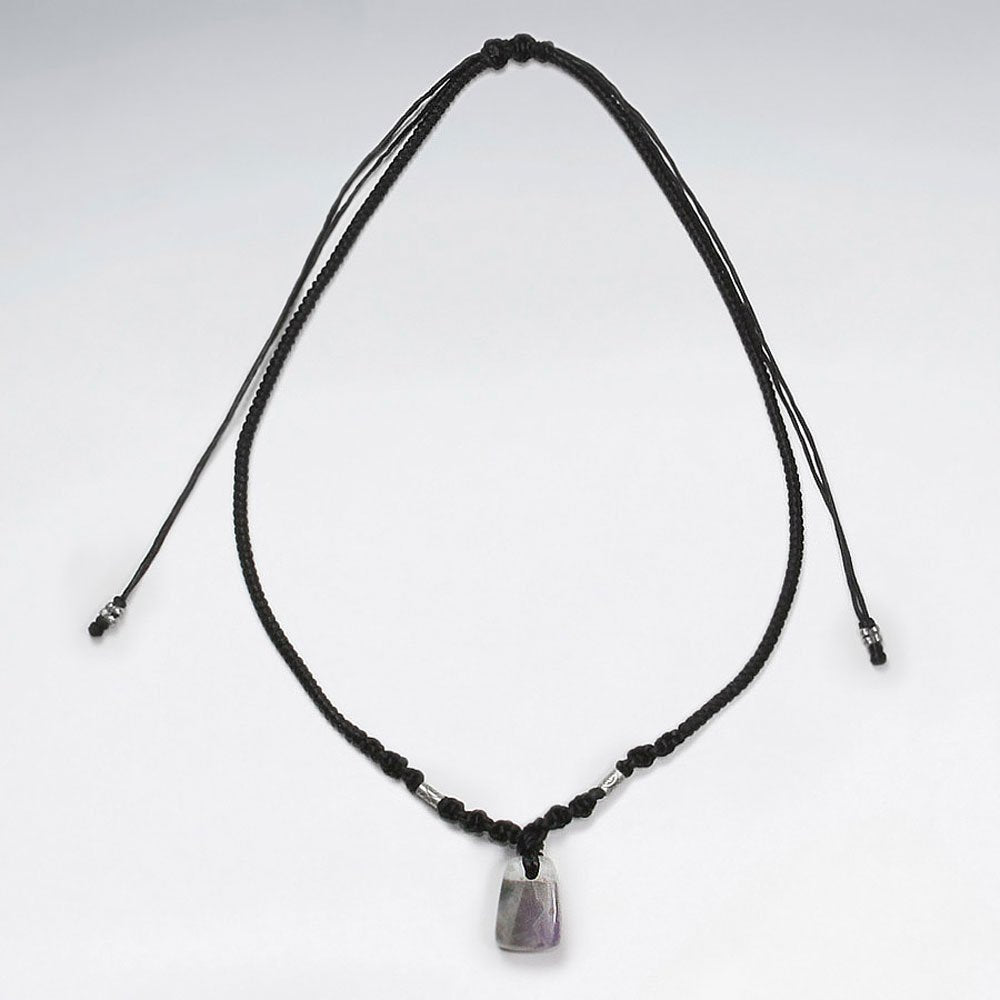 16.5" Adjustable Black Macrame Waxed Cotton Necklace With Silver Organic Shape Pendant and Tube Beads