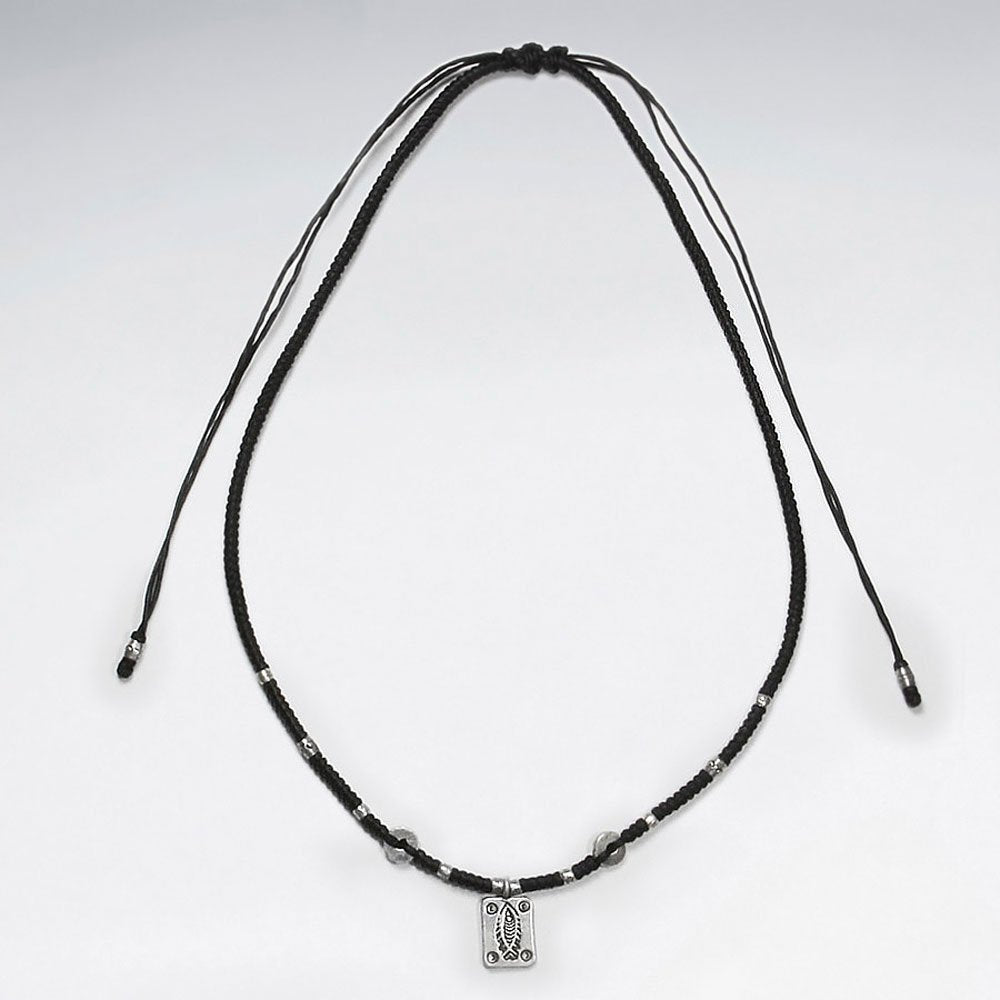 16.5" Adjustable Black Macrame Waxed Cotton Necklace With Silver Etched Rectangle Pendant and Tube Charms