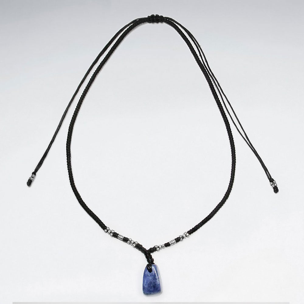16.5" Adjustable Black Macrame Waxed Cotton Necklace With Sodalite