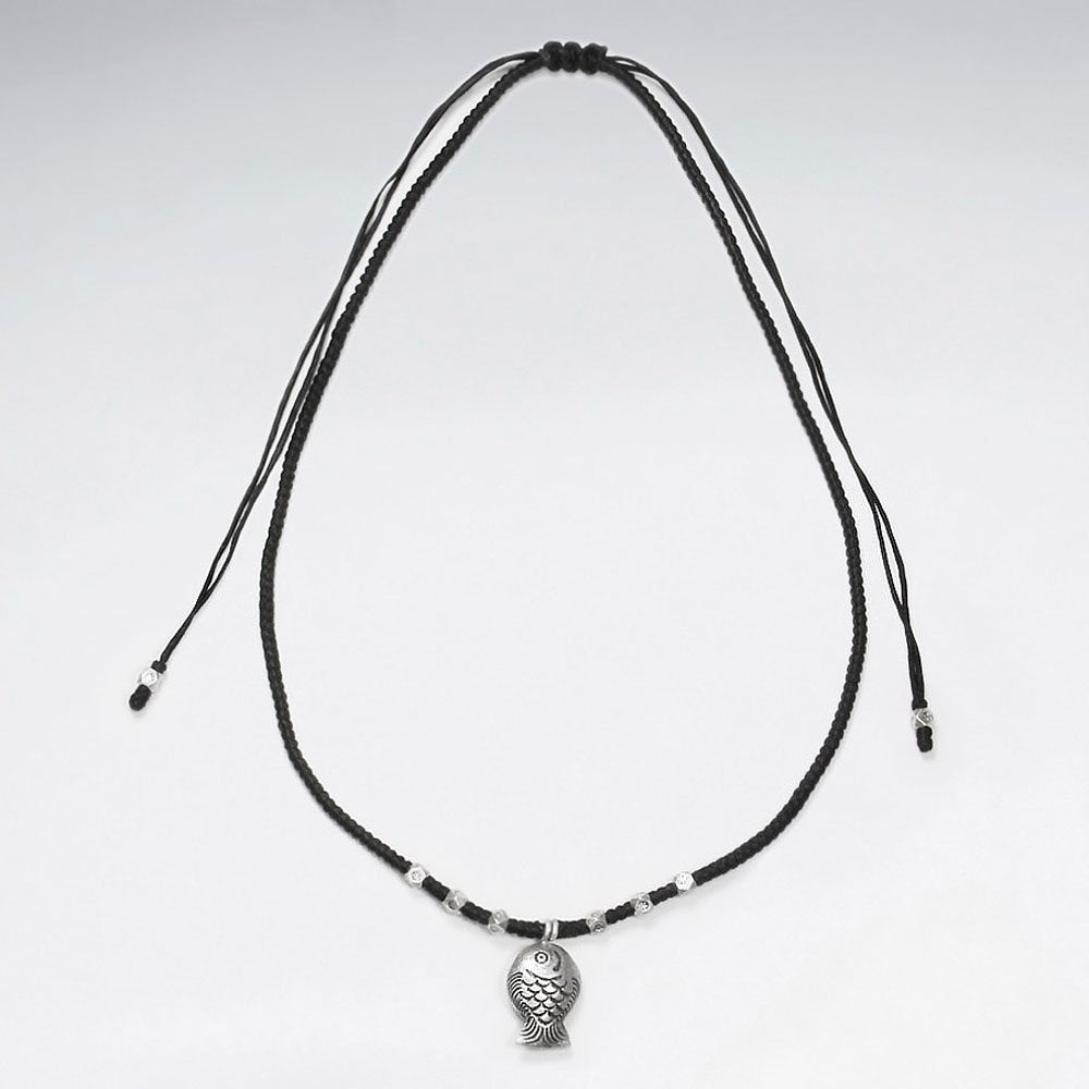 16.5" Adjustable Black Macrame Waxed Cotton Necklace With Antique Fish Silver Charm