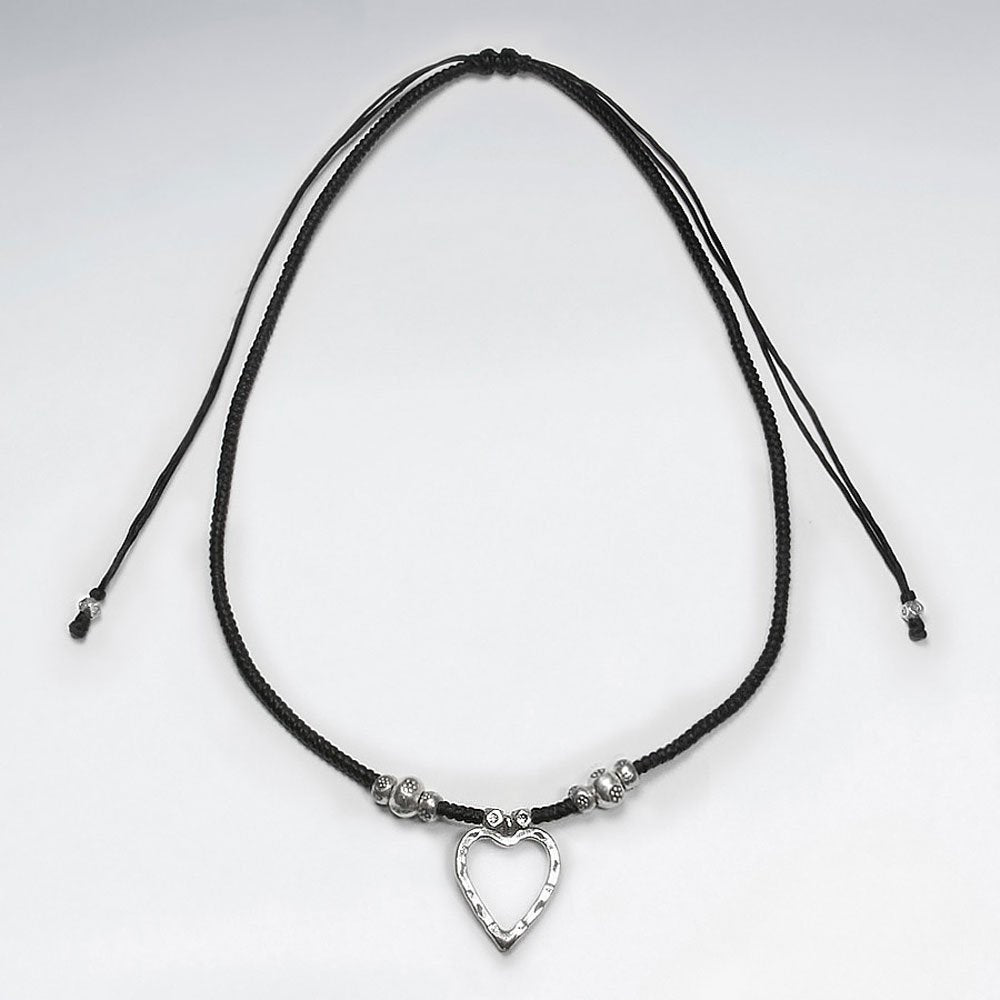 16.5" Adjustable Black Macrame Waxed Cotton Necklace With Antique Open Heart Silver Pendant