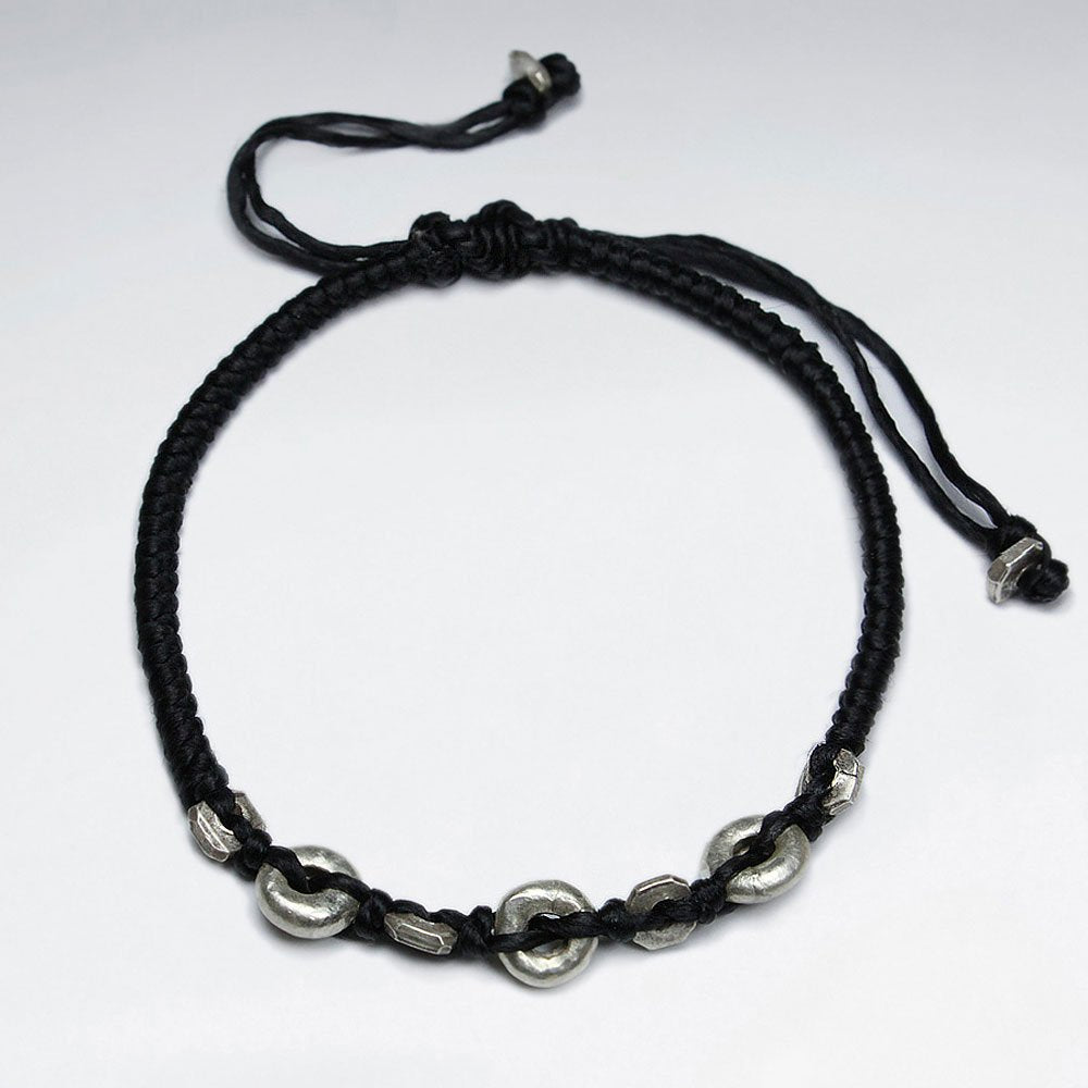 7" Adjustable Black Macrame Waxed Cotton Bracelet With Antique Dobut Silver Beads