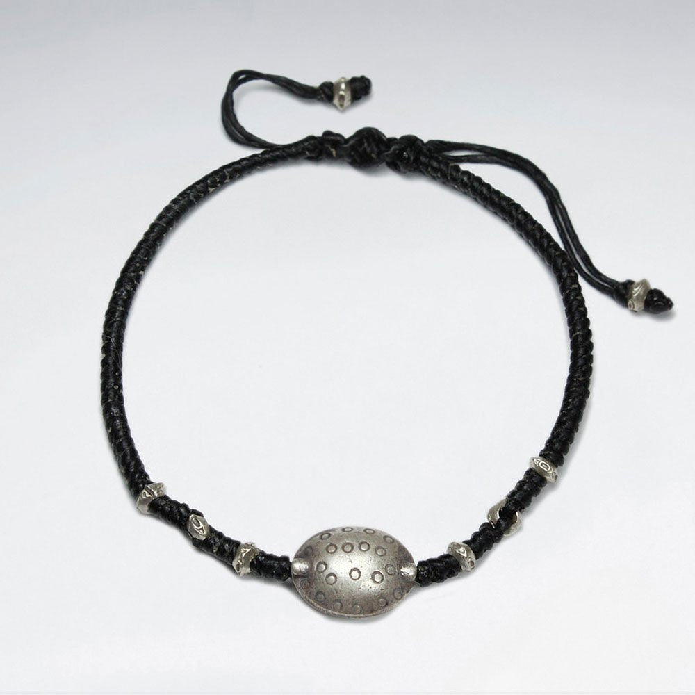 7" Adjustable Black Macrame Bracelet  Cotton With Oval Antique Silver Beads