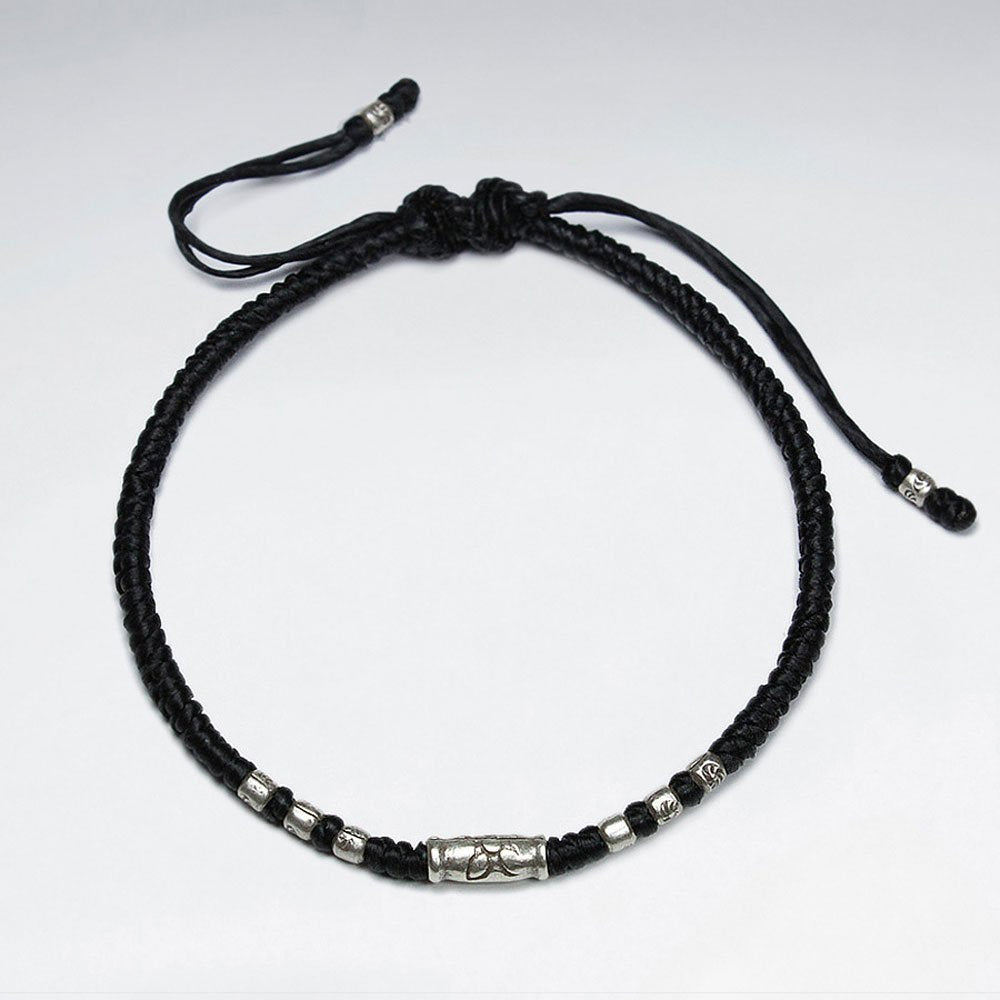 7" Adjustable Black Macrame Waxed Cotton Bracelet   With Antique Silver Tube Beads