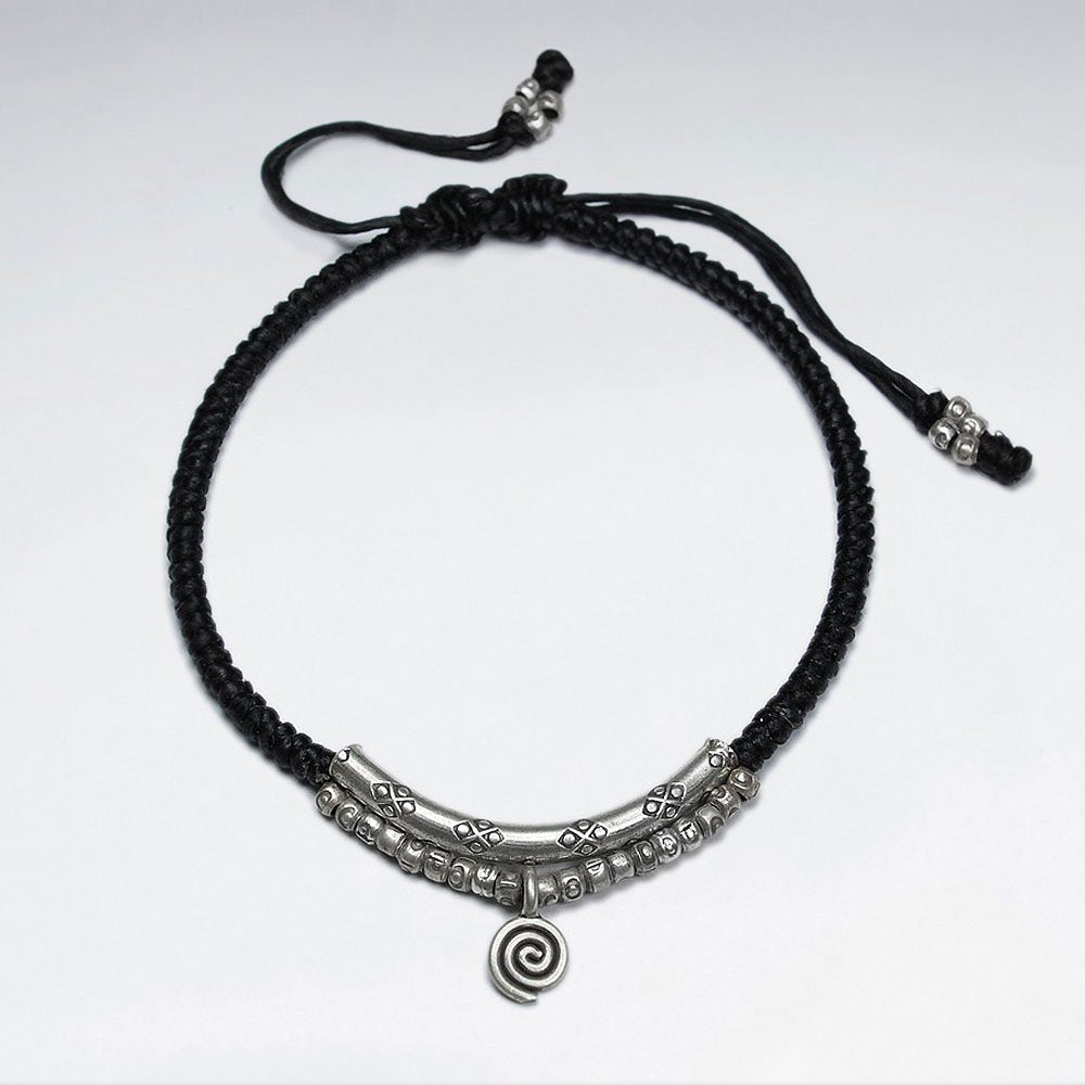 7" Adjustable Black Macrame Waxed Cotton Bracelet With Antique Silver Curve Tube And Charms