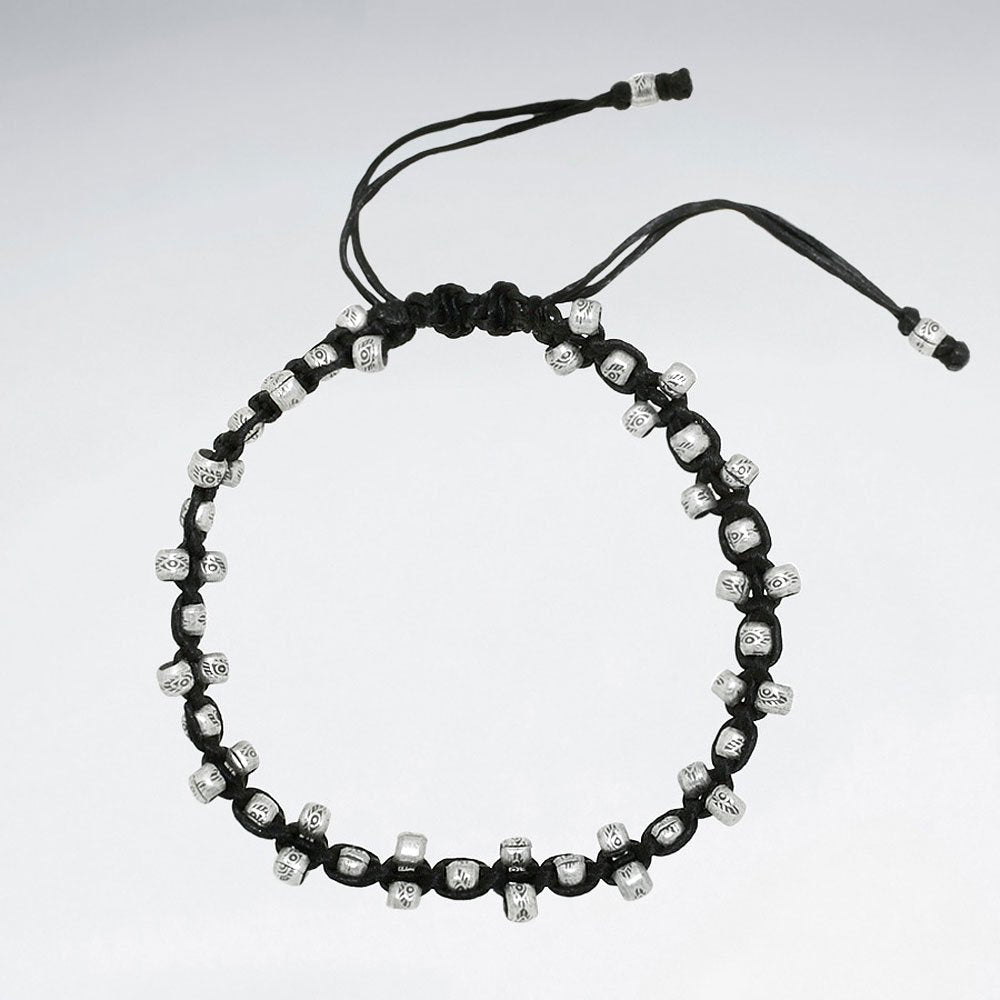 7" Adjustable Black Macrame Waxed Cotton Bracelet With Antique Nugget Tube Silver Beads