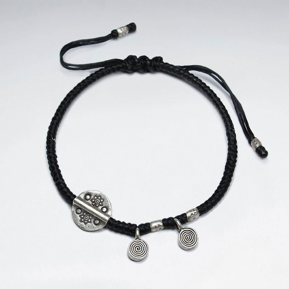 7" Adjustable Black Macrame Waxed Cotton Bracelet With Antique Hand Made Silver Disk Bead and Spiral Charms