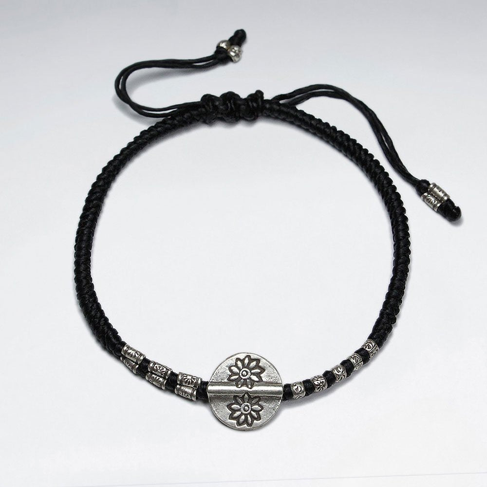 7" Adjustable Black Macrame Waxed Cotton Bracelet With Antique Hand Made SilverDisk Charms
