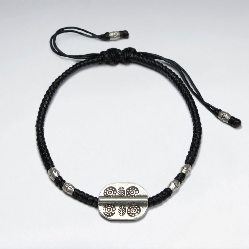 7" Adjustable Black Macrame Waxed Cotton Bracelet With Antique Hand Made Silver Oval Disk Charm