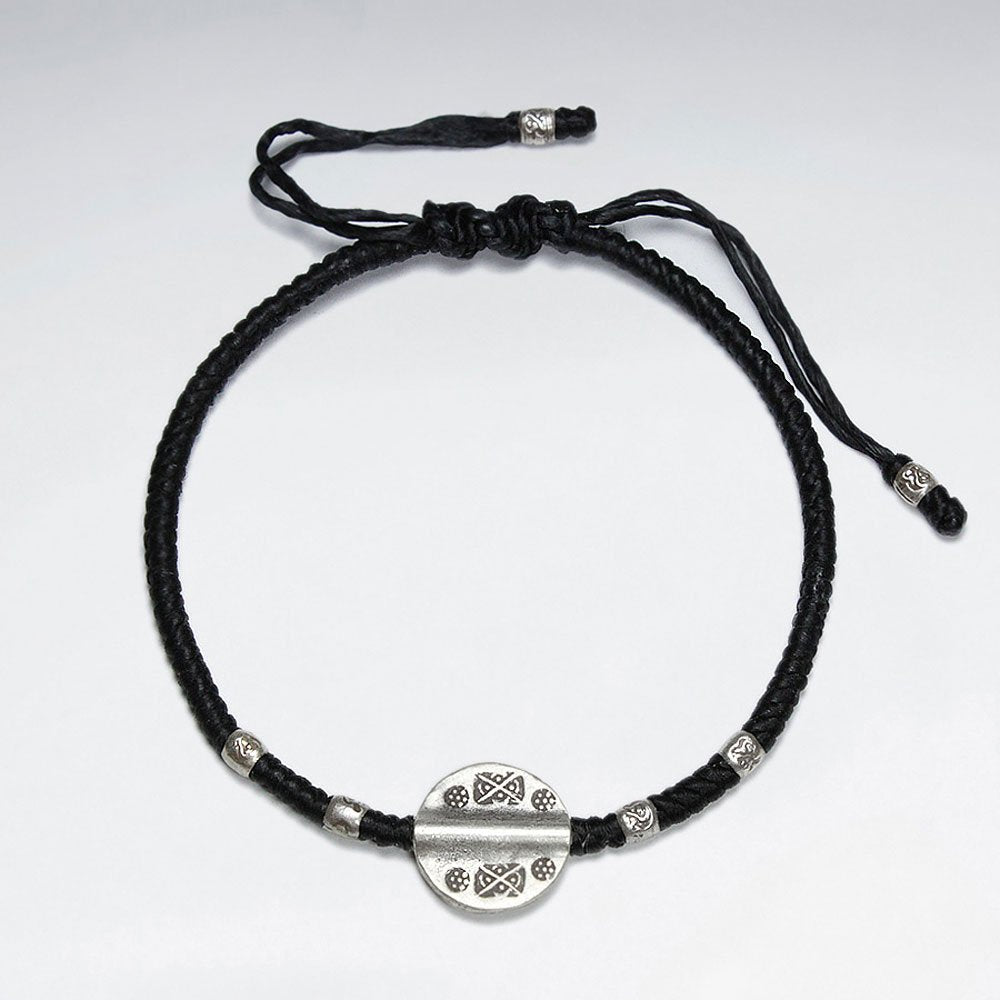 7" Adjustable Black Macrame Waxed Cotton Bracelet With Antique Hand Made Silver Tube Beads And Round Disk Charm