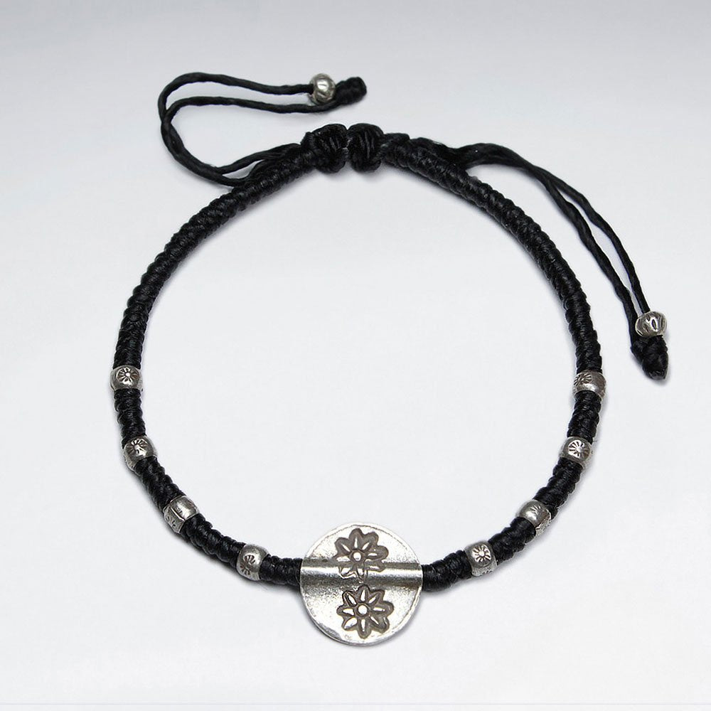 MACRAME WAXED COTTON BRACELET WITH ANTIQUE HAND MADE SILVER
