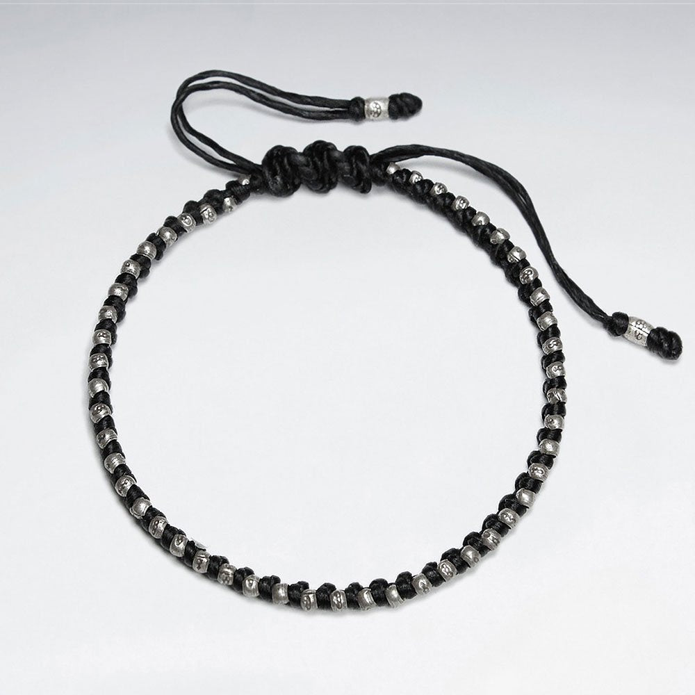 7" Adjustable Black Macrame Waxed Cotton Bracelet With Antique Hand Made Silver Beeads